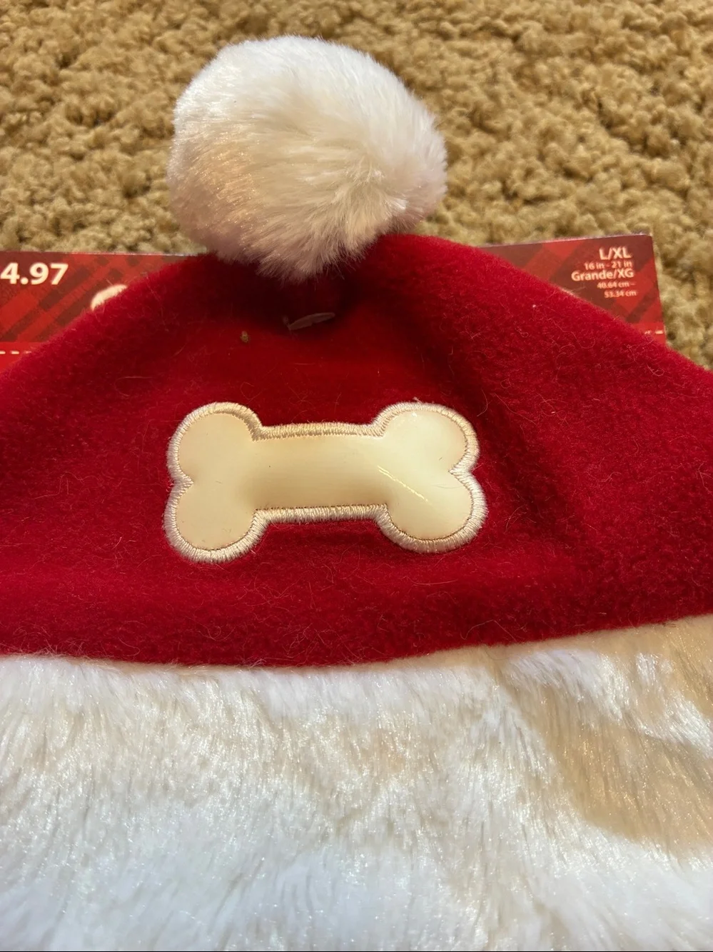 Red & White Holiday Dog Hat with Bone Accent